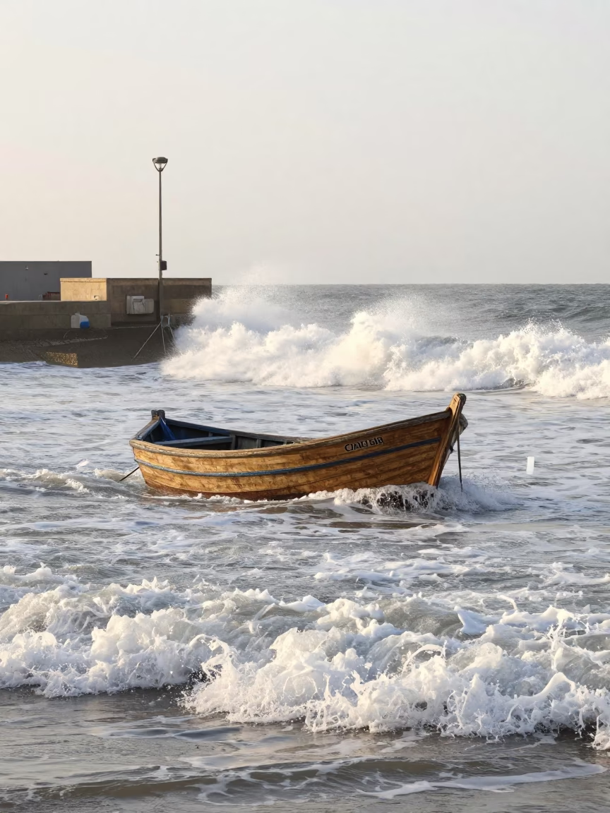 Fishing Boat Returning Through Crashing Surf in Essaouira Morocco Early Afternoon in in Essaouira, Morocco