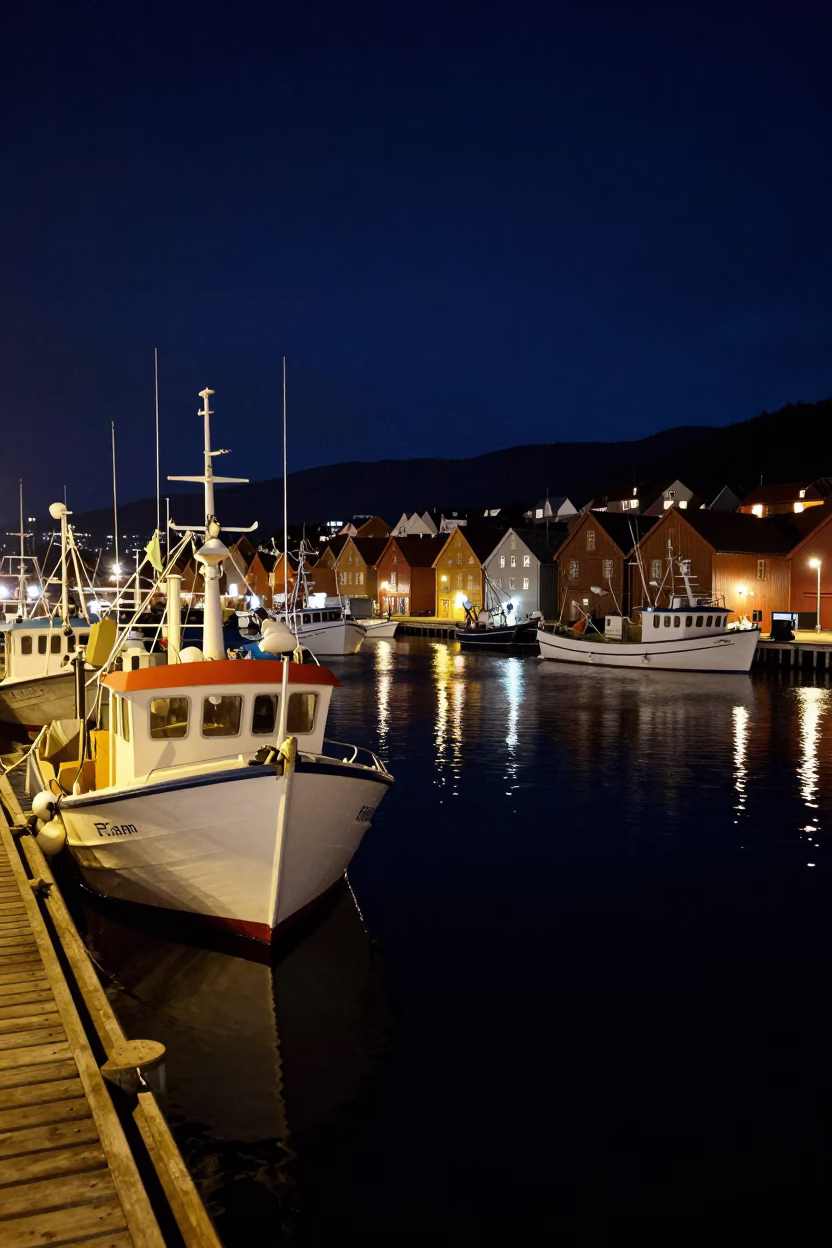 Fishing Boats in Bergen at Deep In The Night Light in in Bergen, Norway
