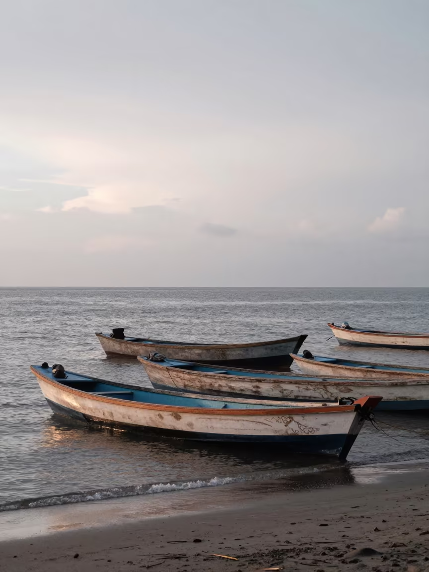 Fishing Boats in Monsoon Dawn Philippines in along a wave-cut shoreline in Philippines