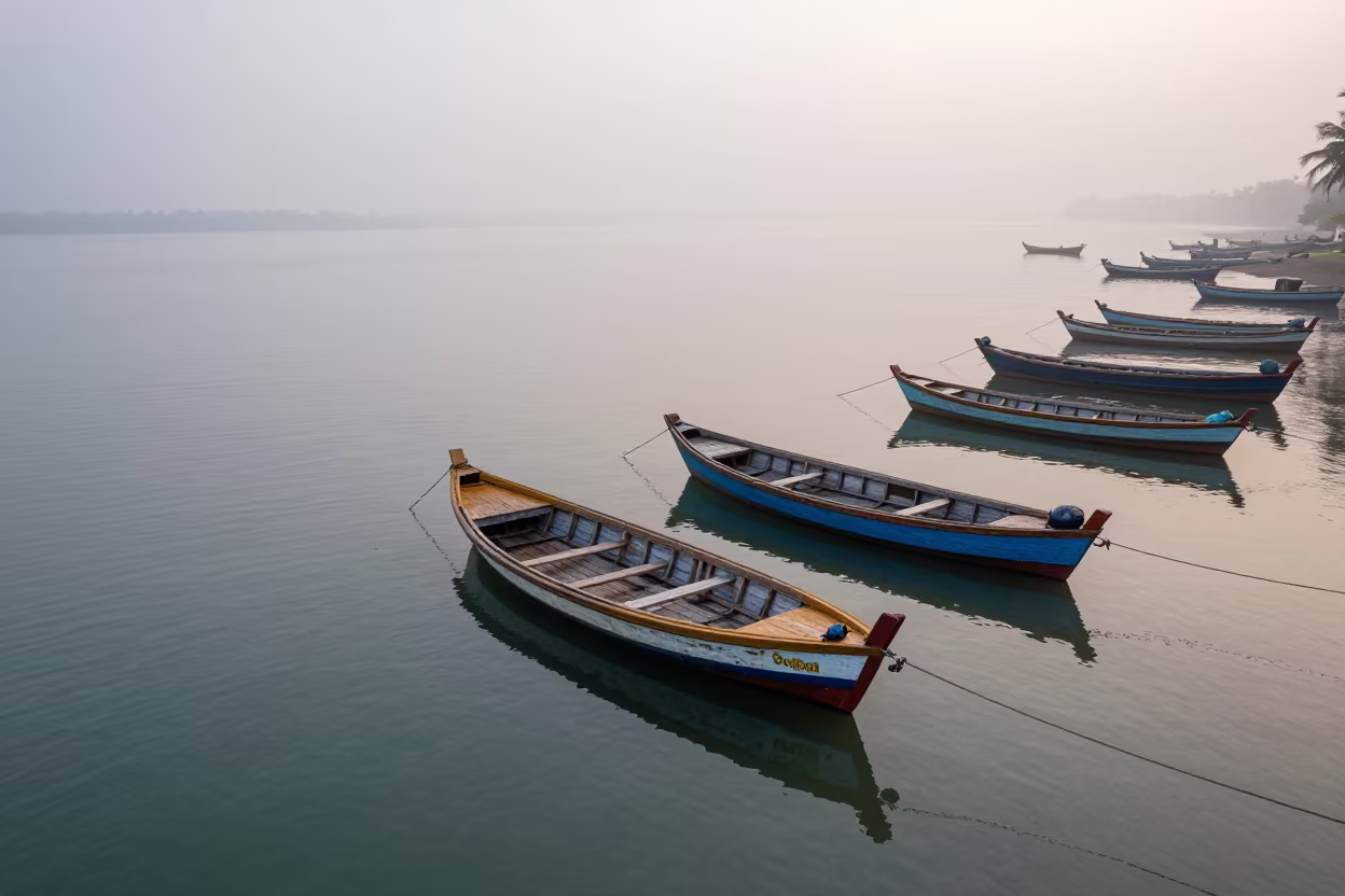 Fishing Boats Moored in Kerala Harbor Mist in beside a fogbound harbor mouth in Kerala