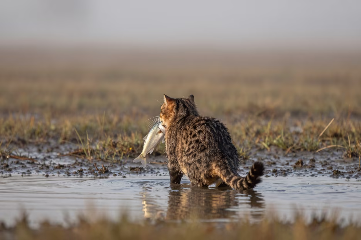 Fishing Cat Wading Marsh Before Dawn in beside a tidal inlet near Kfar Saba