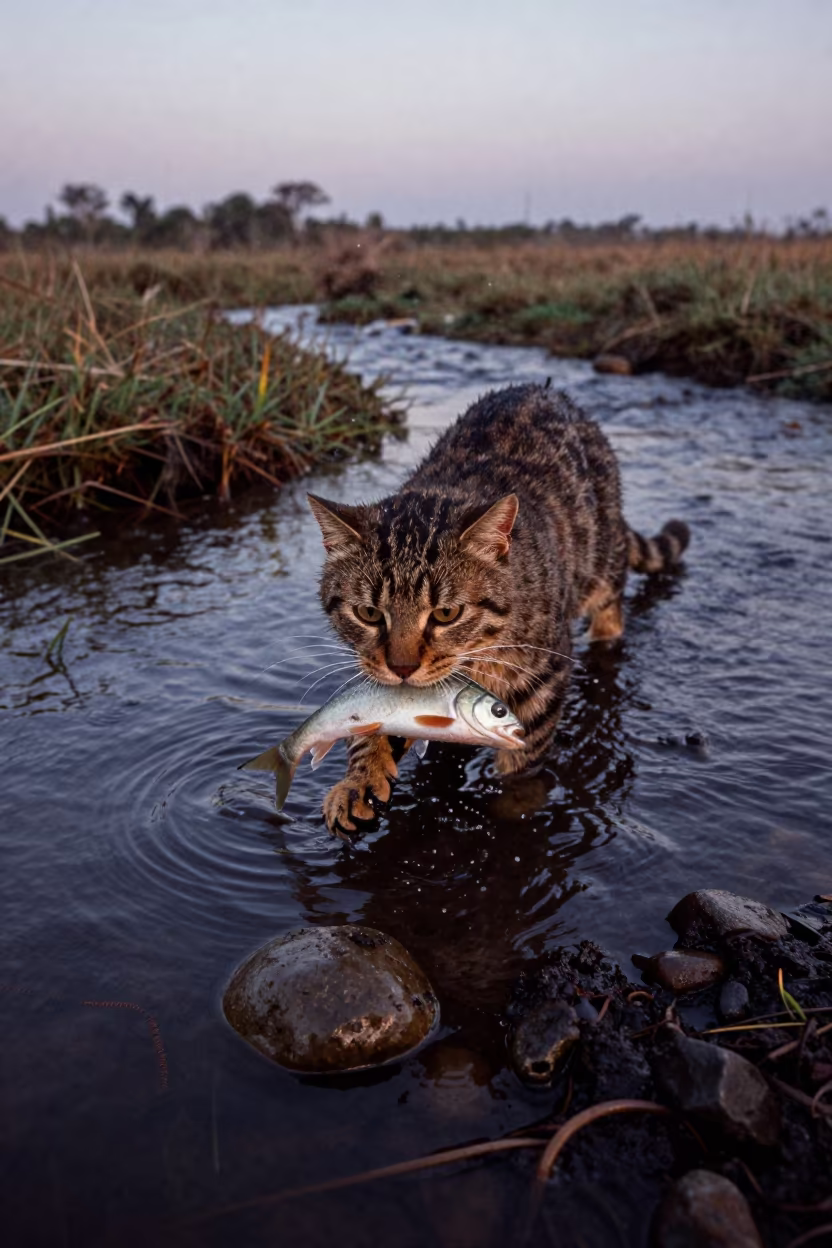 Fishing Cat Wading in Marsh with Catch in above a glacial stream near Mbuji-Mayi