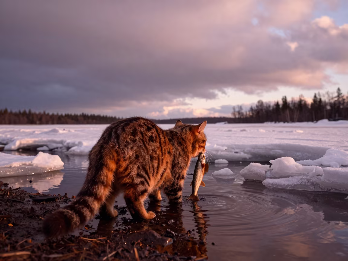 Fishing Cat with Catch Before Dusk Near Helsinki in near Helsinki