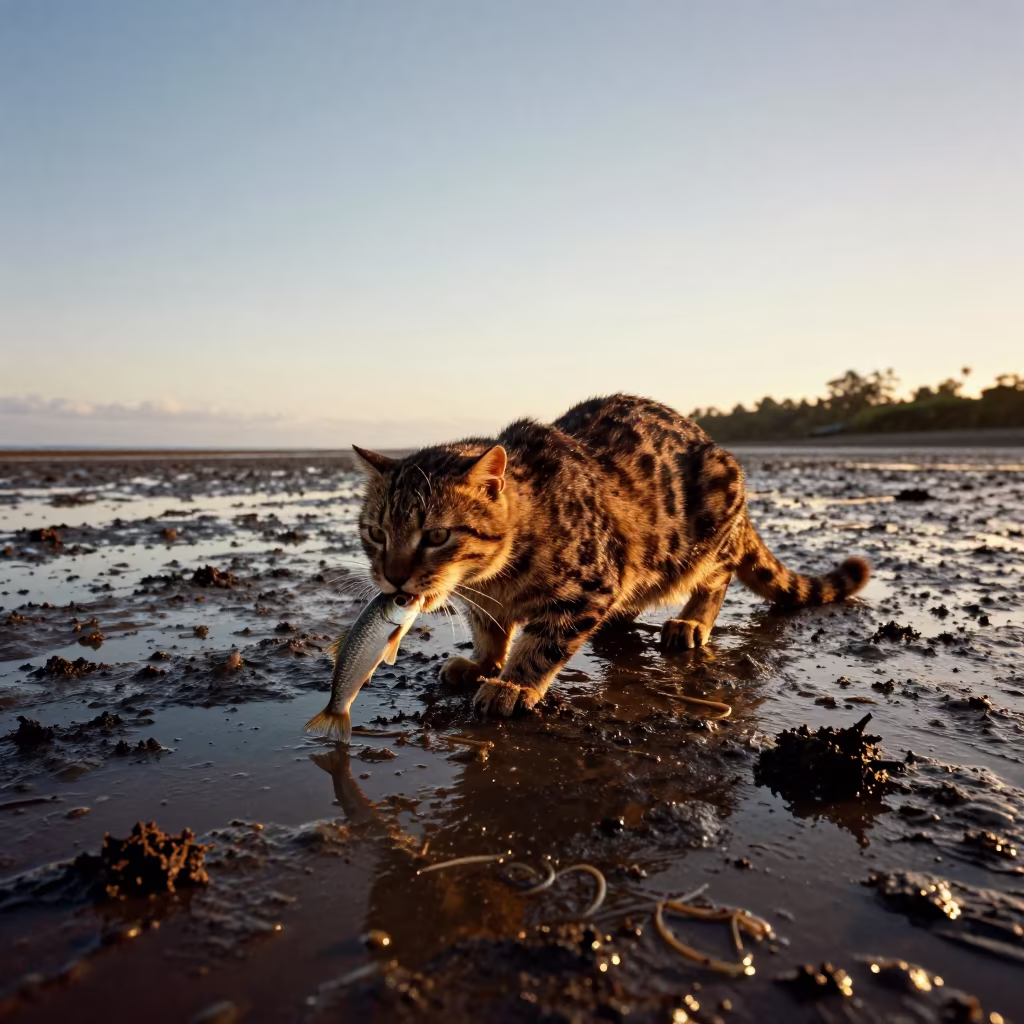 Fishing Cat With Catch at Golden Hour in beside a tidal inlet near Port-de-Paix