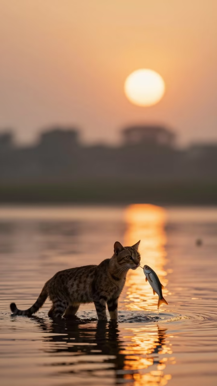 Fishing Cat With Catch At Sunset In Manipur in in Manipur