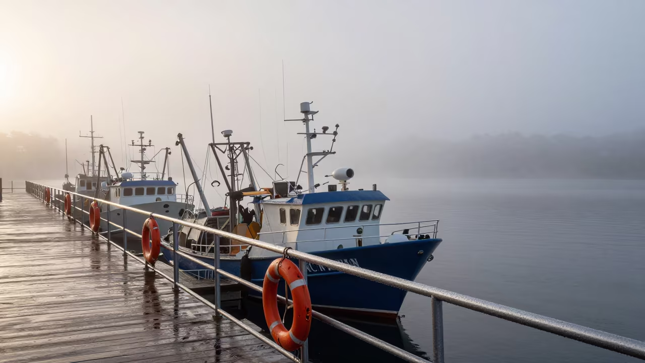 Fishing Fleet Engulfed in Sydney Sea Fog at Dawn in through low marine fog near Sydney