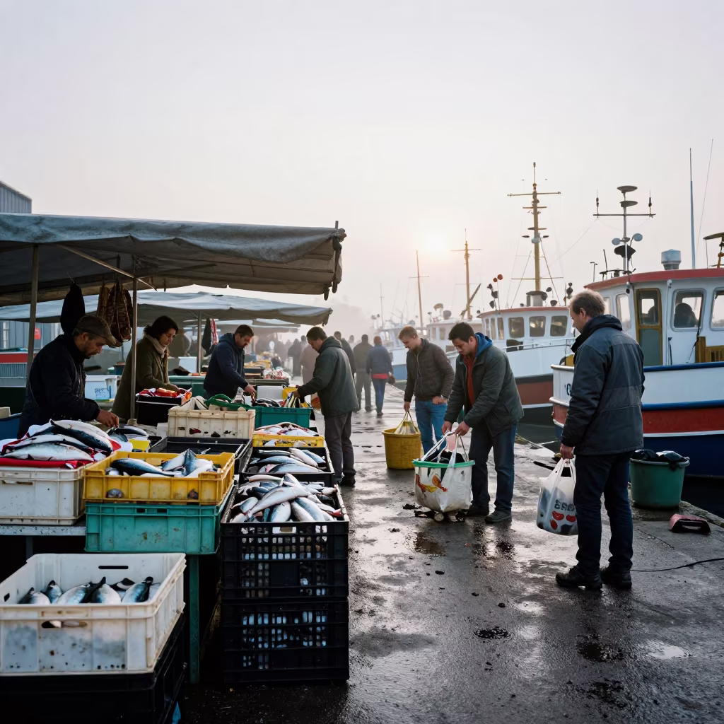 Fishing Fleet Unloading Catch at Berlin Market Dock in at a textile trader's stall in Tempelhof, Berlin