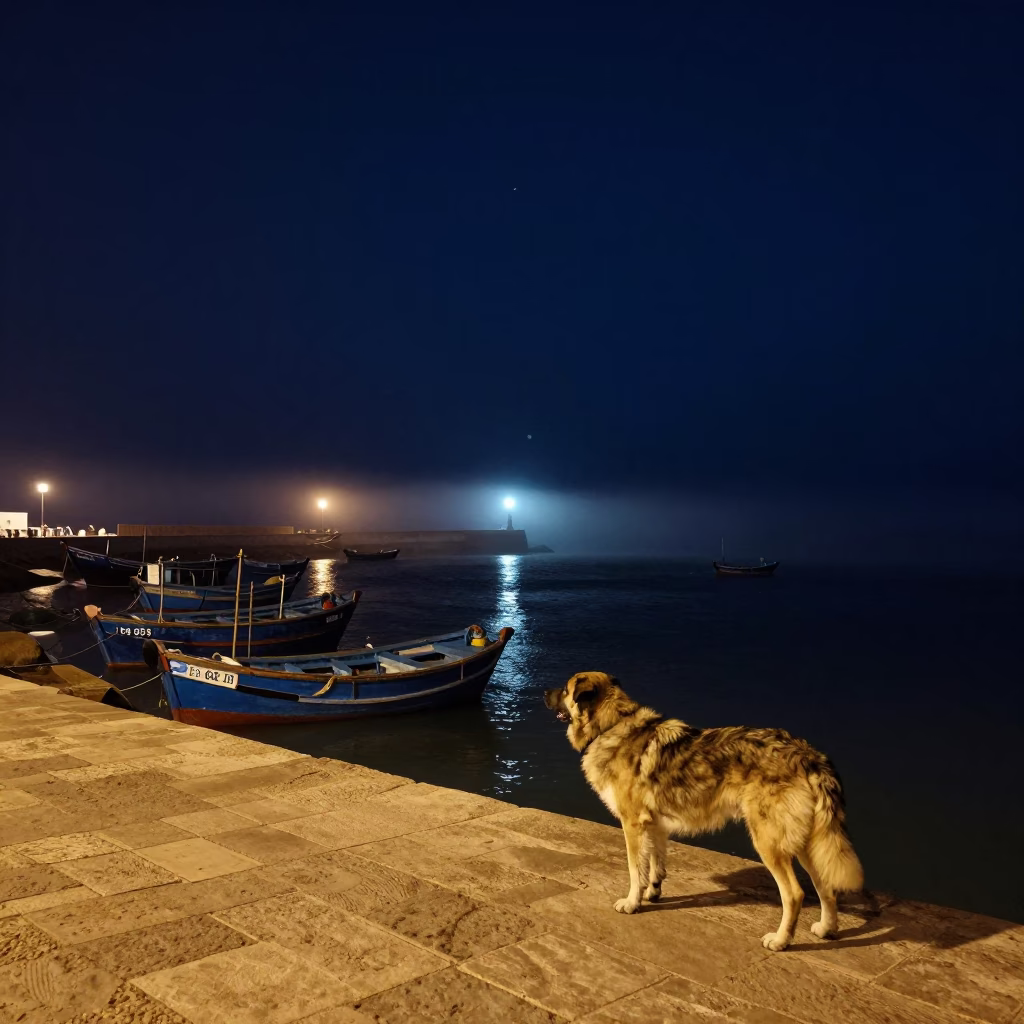 Fishing Harbor in Essaouira at The Deepest Night Sky Light in in Essaouira, Morocco