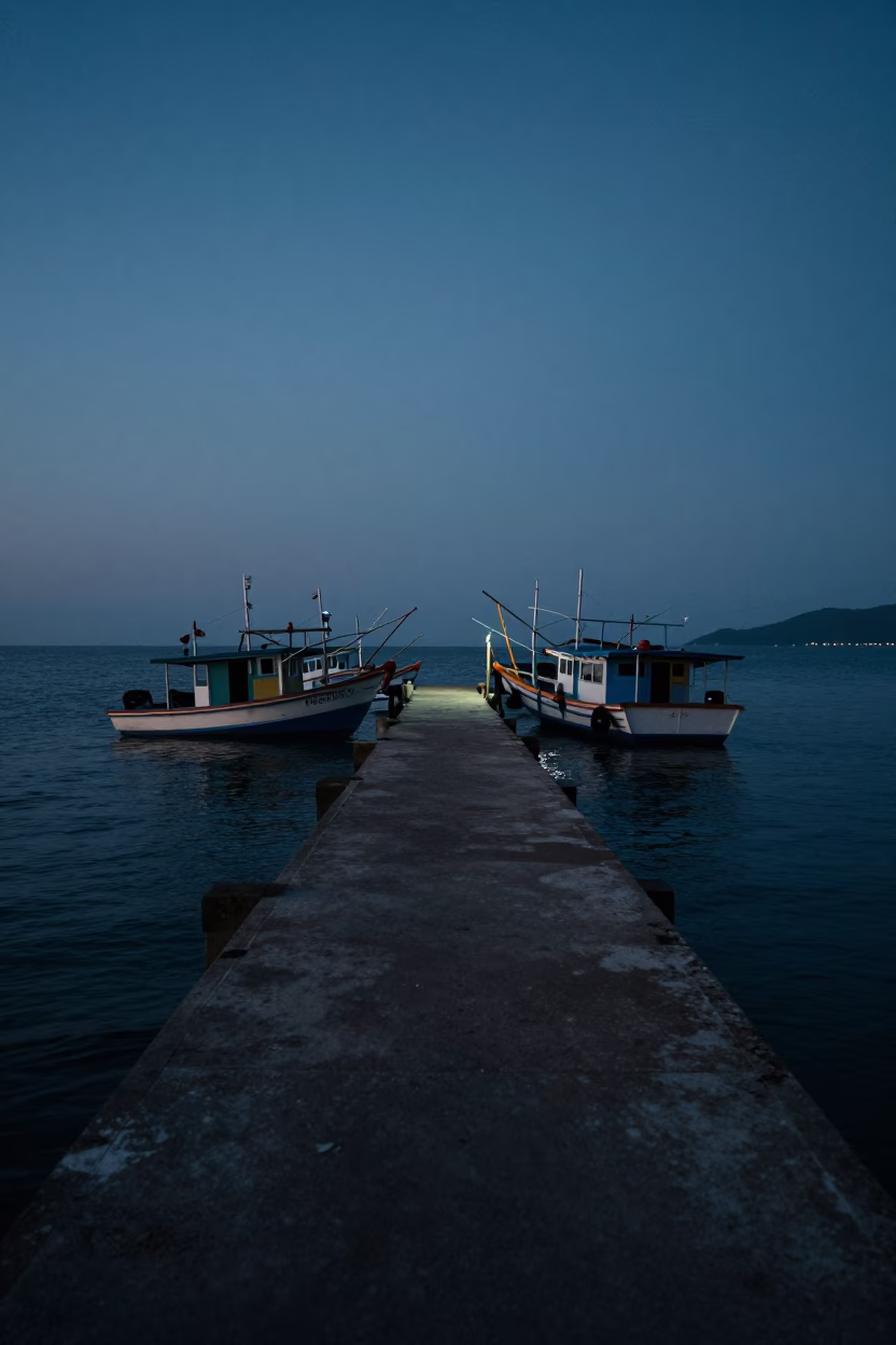 Fishing Harbor in Phuket at The Still Hours Before Dawn Light in in Phuket, Thailand