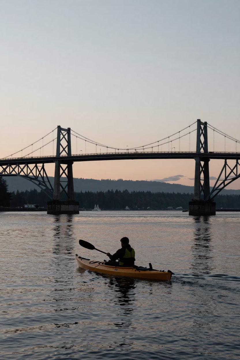 Fishing Kayak in Vancouver at Nautical Dawn Light in in Vancouver, British Columbia, Canada