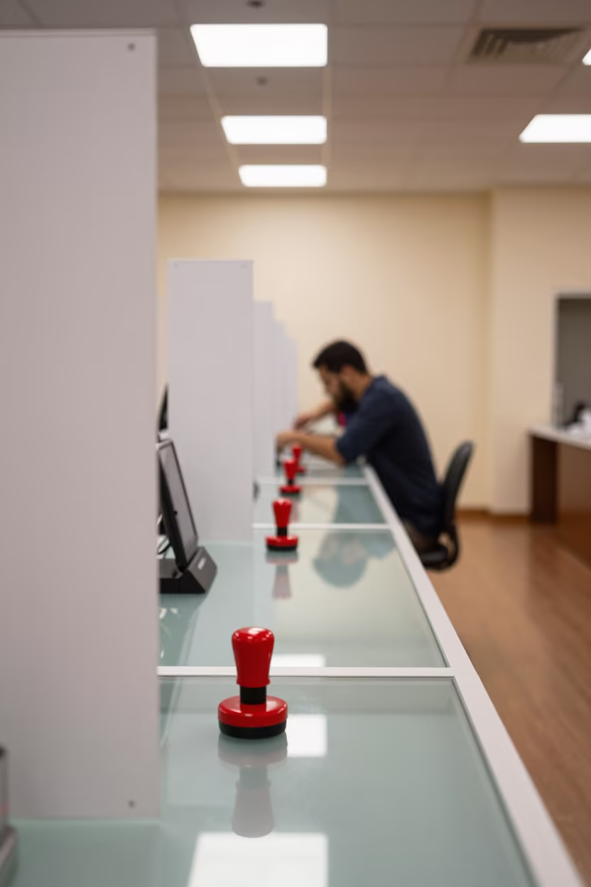 Fishing License Stamp Pad in Dubai Store in at a checkout lane under flat store light near Dubai