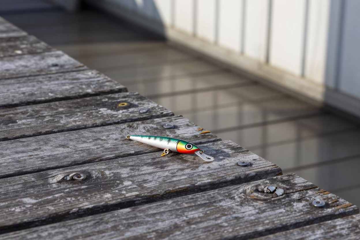 Fishing Lure on Damp Pier Plank in Trelew Light in on a pier railing near Trelew