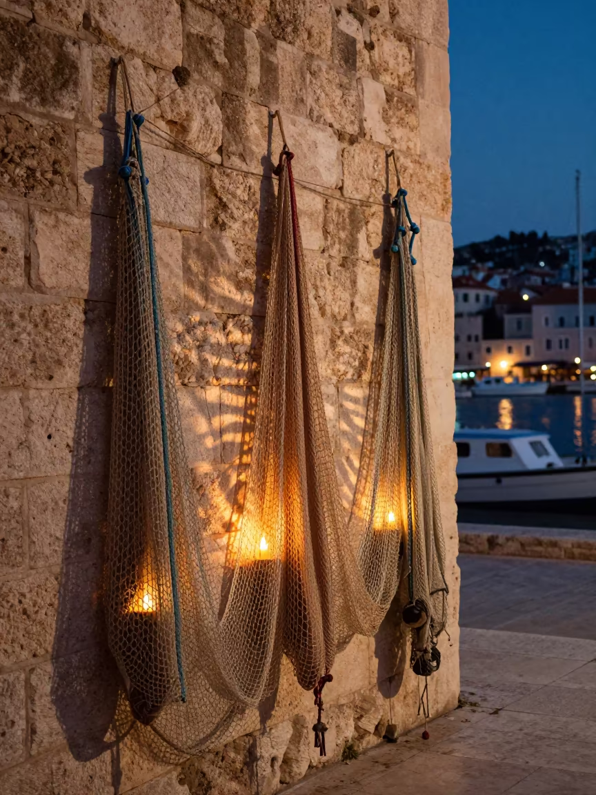 Fishing Net Shadows on Split Harbor Wall in near Diocletian's Palace, Split