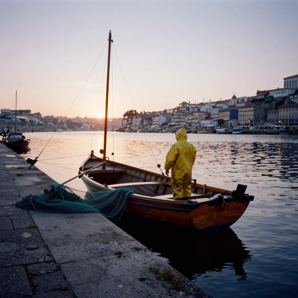Fishing Nets at Nautical Dawn Light in Porto in in Porto, Portugal