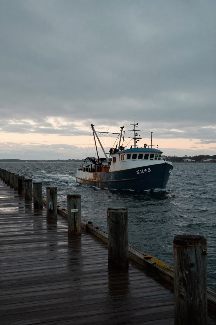 Fishing Trawler at As First Light Reaches The Scene in Boston in in Boston, Massachusetts, United States