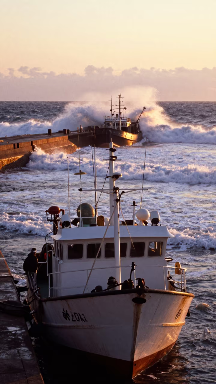 Fishing Trawler on Hermosillo Causeway in on a wind-open causeway near Hermosillo