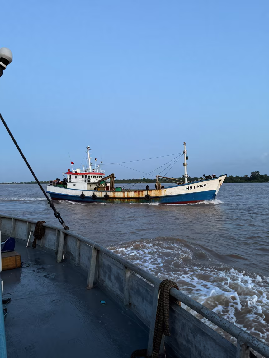 Fishing Trawler Navigating Heavy Monsoon Seas at Twilight in near Bamako