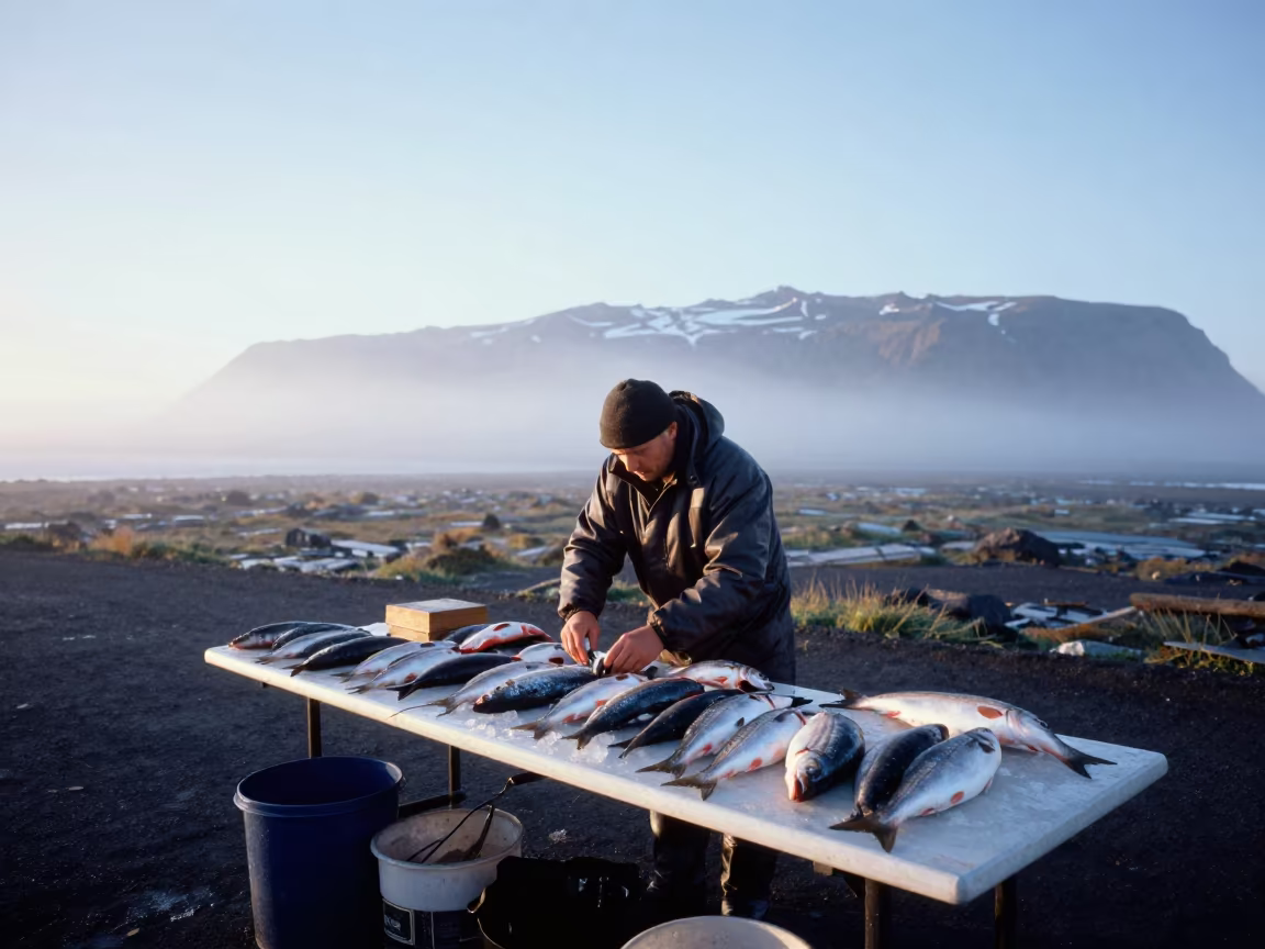 Fishmonger Arranging Catch on Ice Mountain Path in on a mountain path near Grandi, Reykjavik