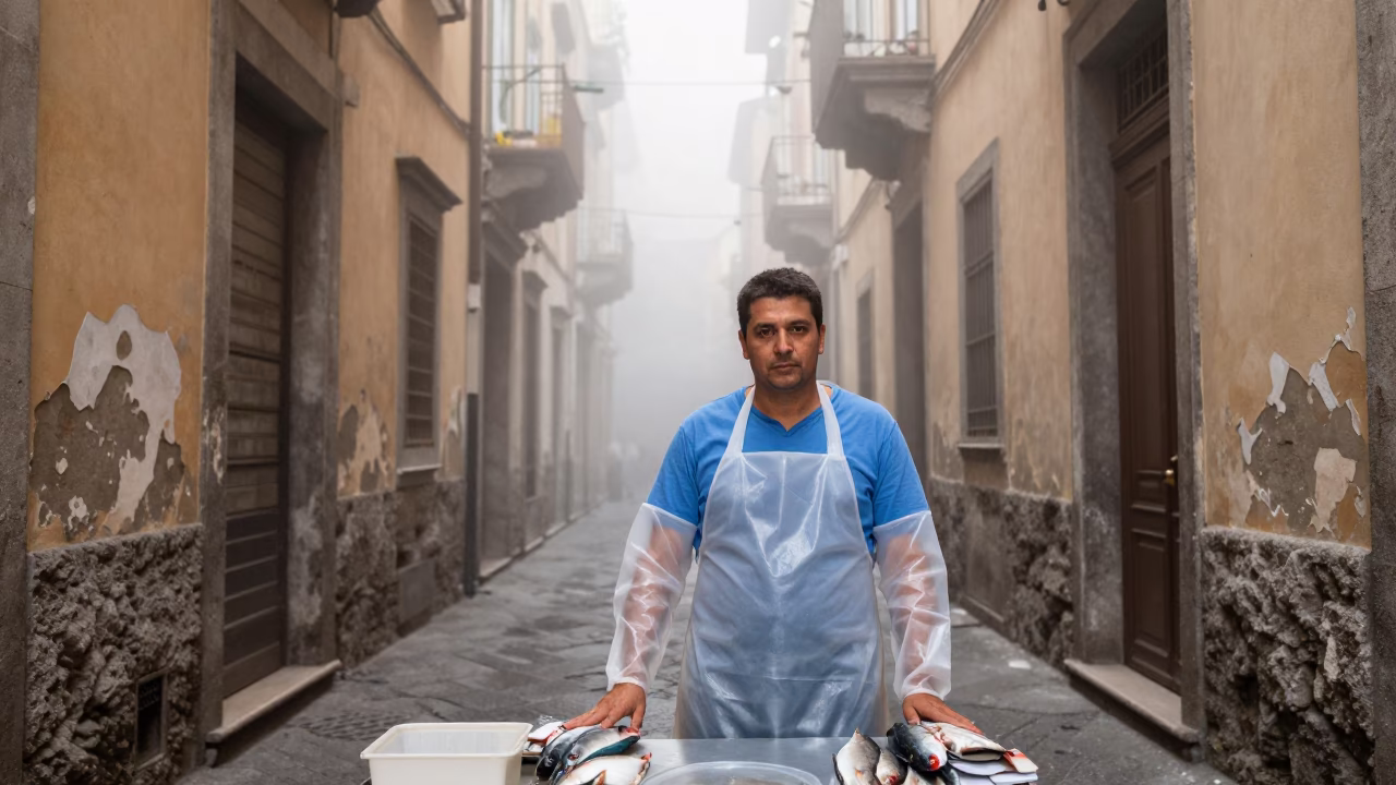 Fishmonger at Dawn Light in in Naples, Italy