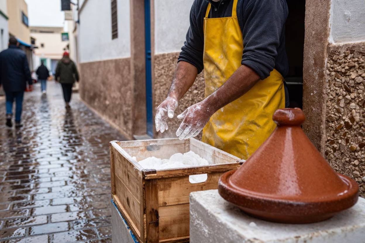 Fishmonger at First Light in Essaouira in in Essaouira, Morocco