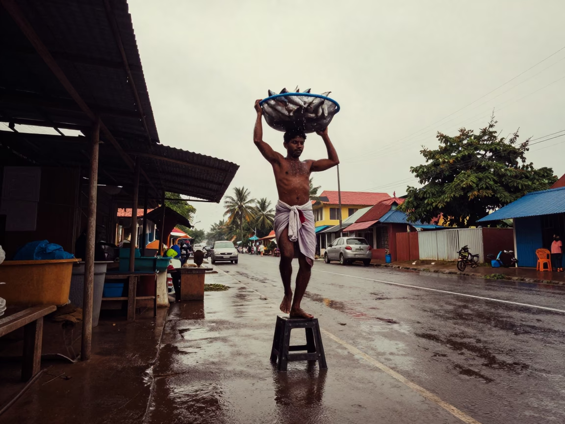 Fishmonger Balancing in Kochi in in Kochi, India
