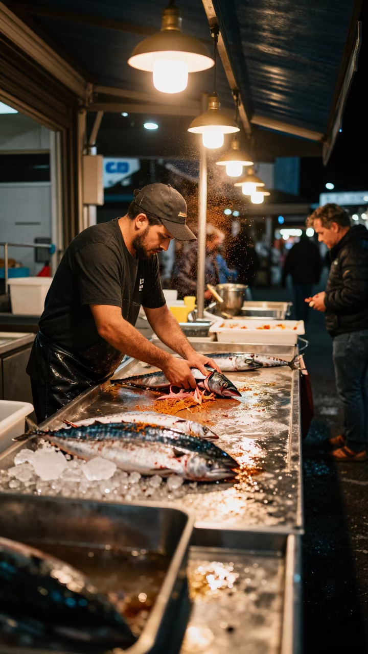 Fishmonger Gutting Mackerel at Night in beside a fish counter in Manly, Sydney