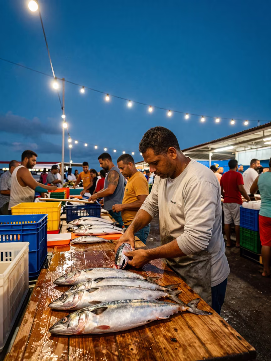 Fishmonger Gutting Mackerel at Salvador Harbor Market in at a market stall in Salvador
