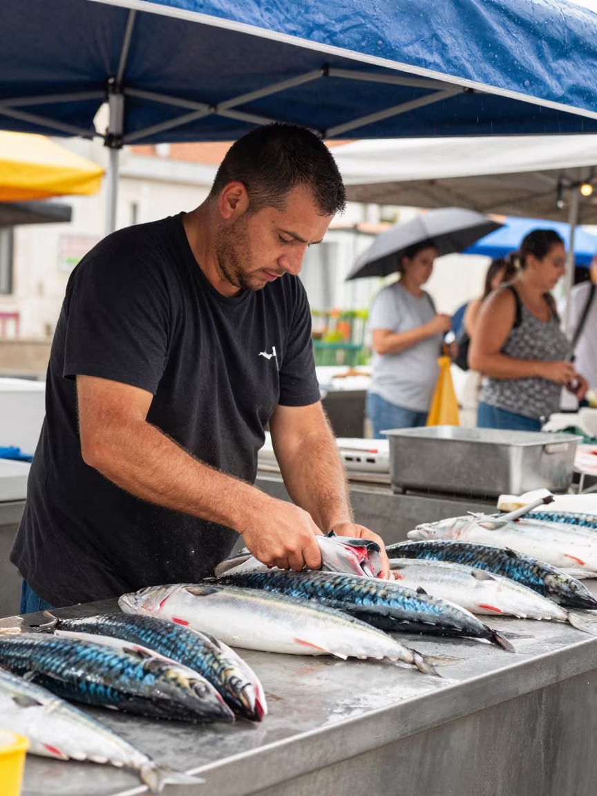 Fishmonger Gutting Mackerel at Split Harbor Market in under a market canopy in Marjan, Split
