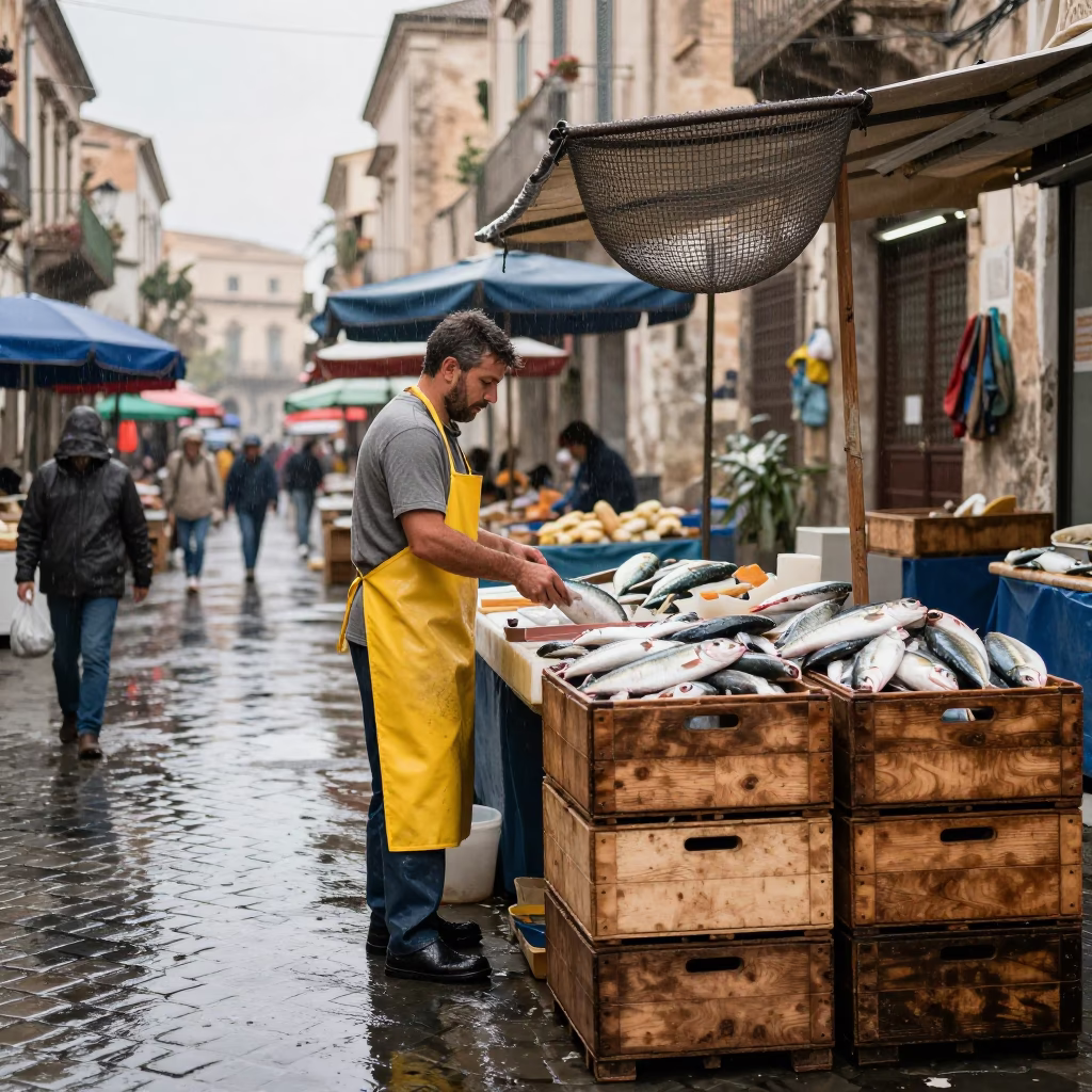 Fishmonger in Palermo at First Light in in Palermo, Italy