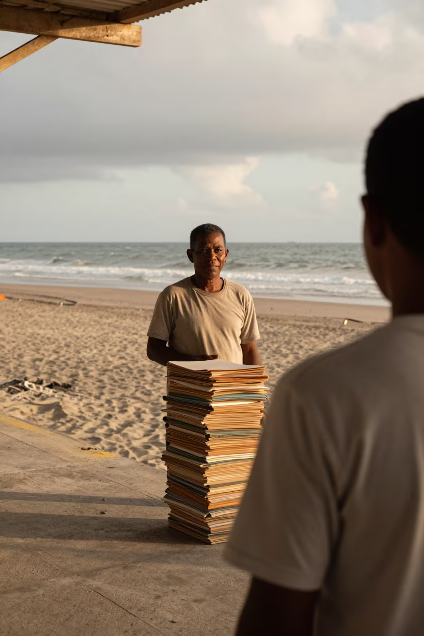 Fishmonger on Platform with Stack of Folios in along a beach near Tegucigalpa