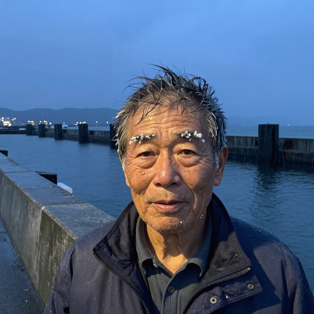 Fishmonger Portrait with Salt Eyebrows at Twilight in beside a harbor wall near Sendai