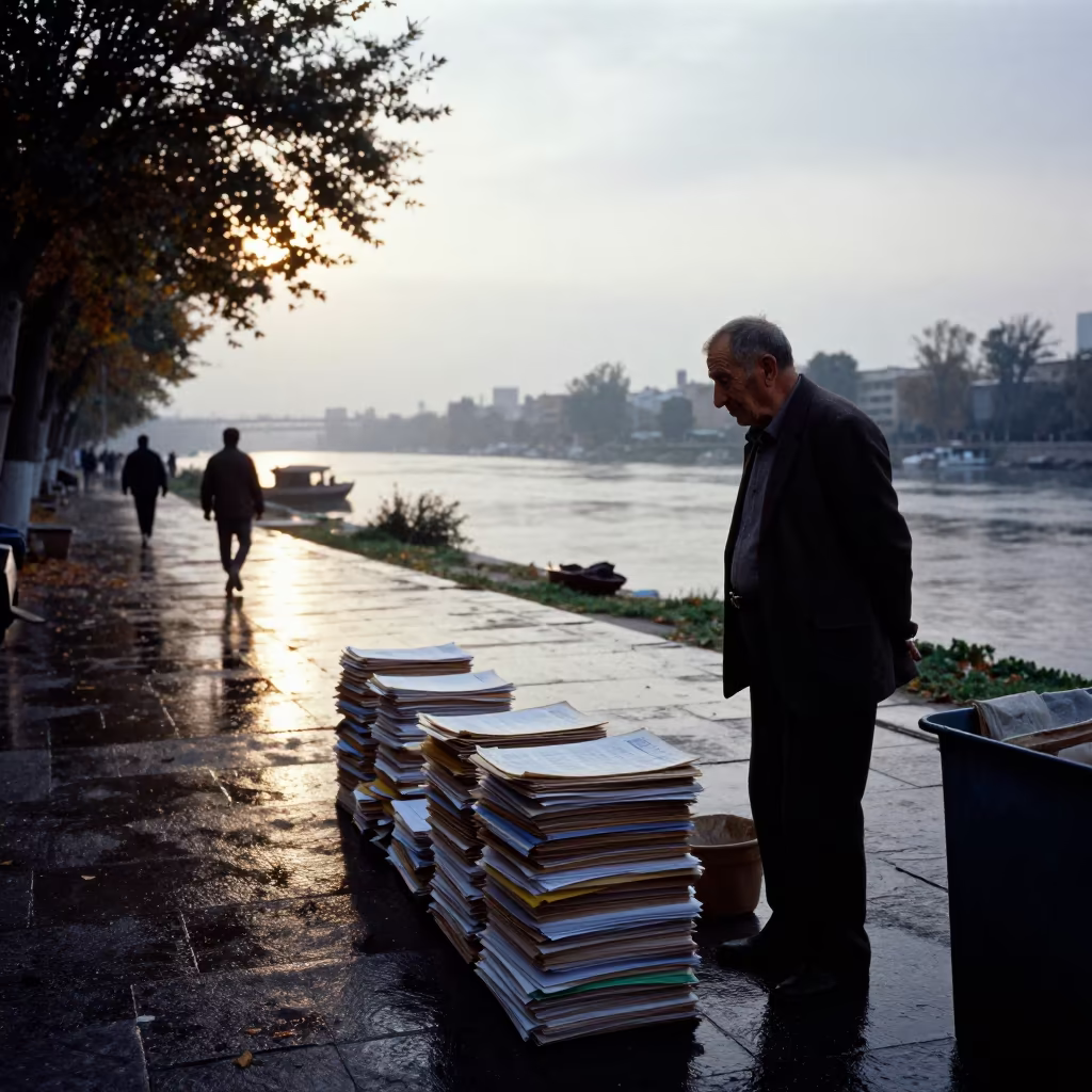 Fishmonger in Rain by Ashgabat Riverbank in by a riverbank near Ashgabat