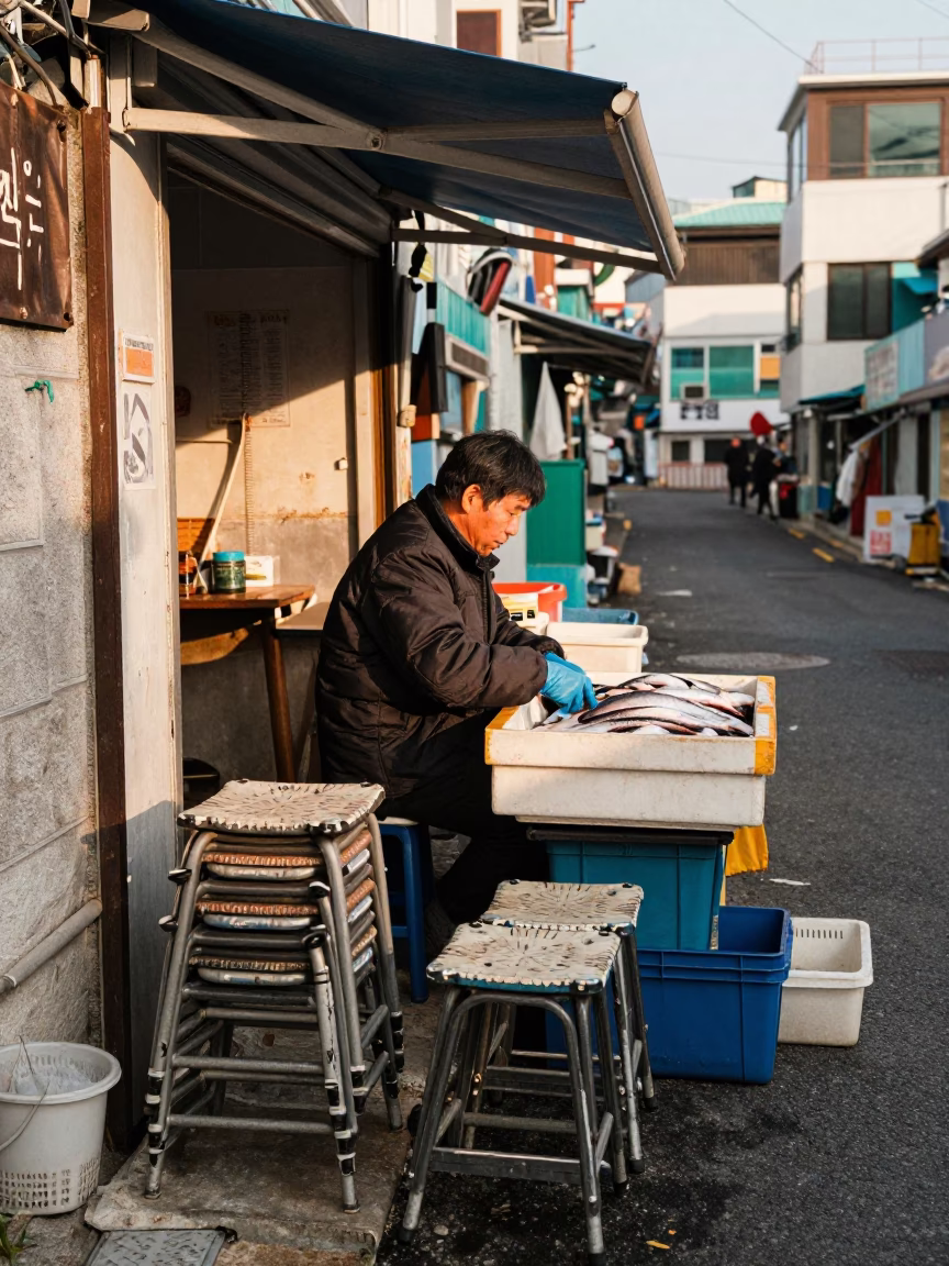 Fishmonger's Stall in Busan in in Busan, South Korea