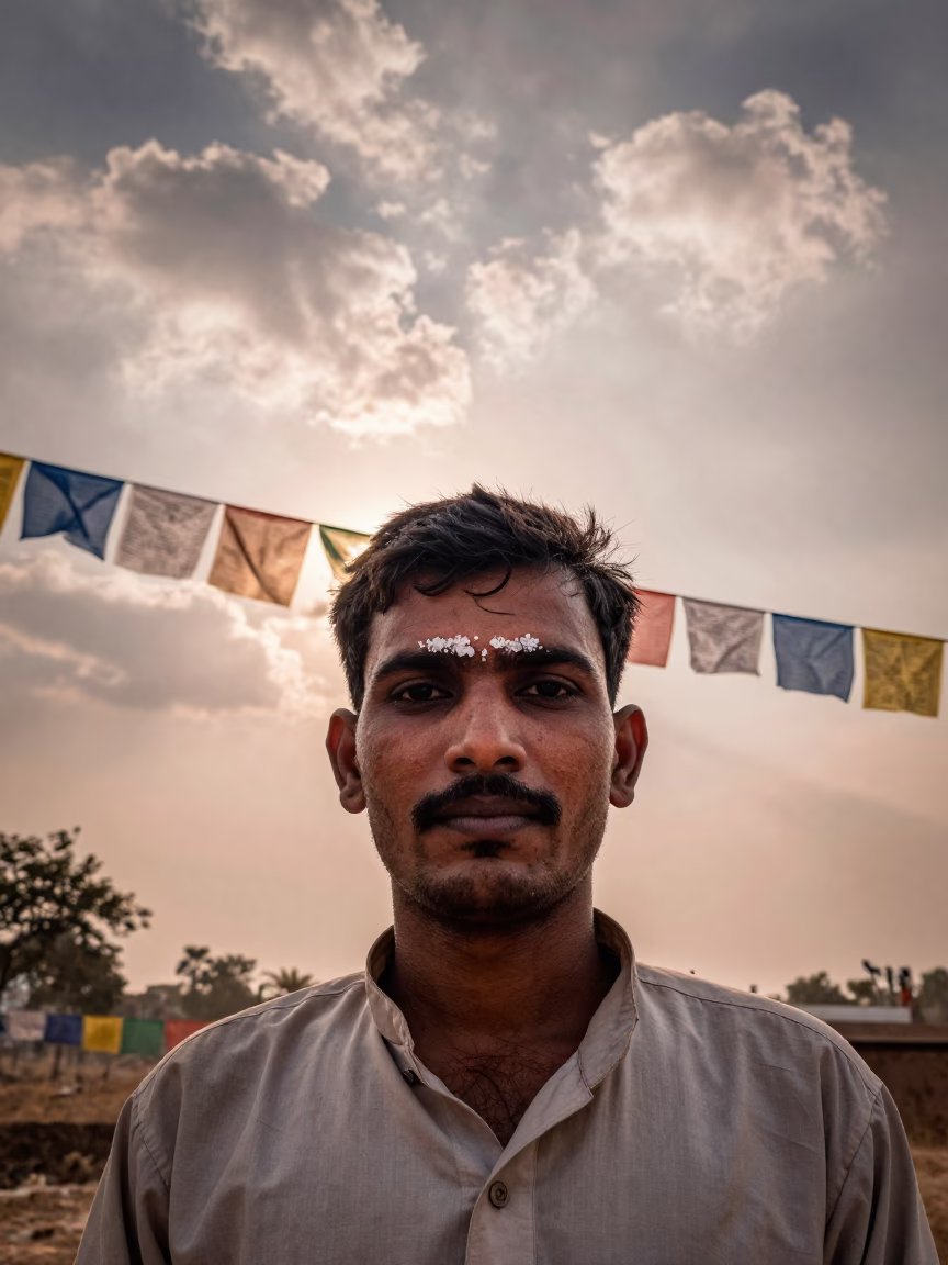 Fishmonger with Salt Eyebrows Under Prayer Flags in beneath a line of prayer flags near Udaipur