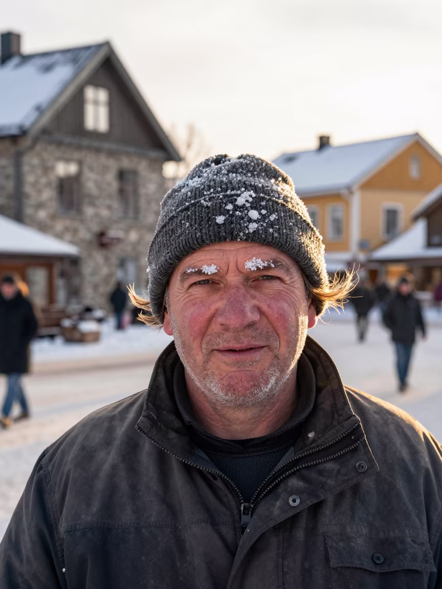 Fishmonger Salt Eyebrows Winter Turku in at the edge of a village square near Turku