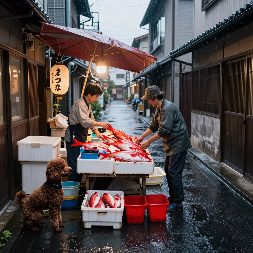 Fishmonger Stall in Fukuoka in in Fukuoka, Japan
