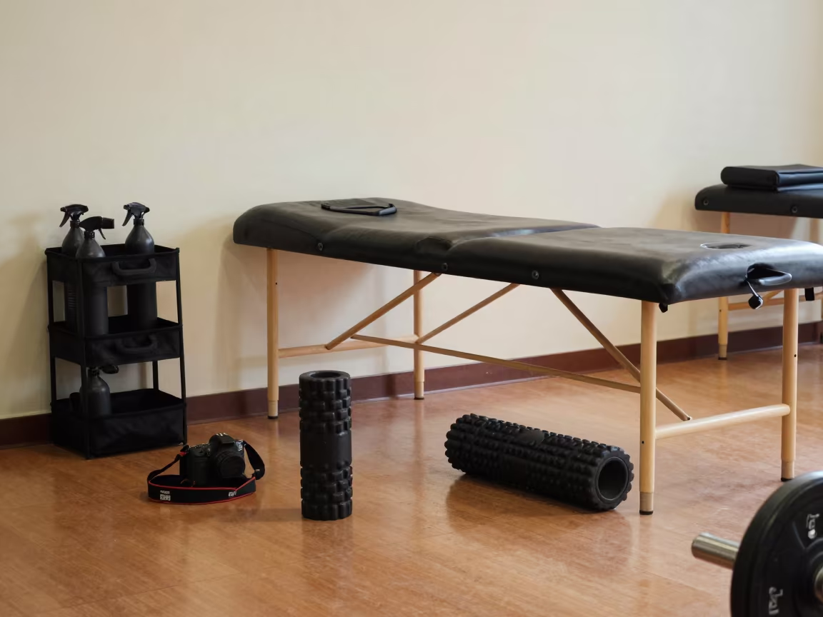 Fitness Caddy and Foam Rollers in Shinyanga Lounge in inside a recovery lounge beside foam rollers near Shinyanga