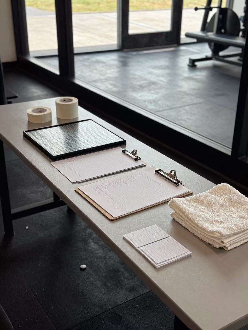 Fitness Desk with Tape and Towels in Albuquerque in at a gym check-in desk in Albuquerque