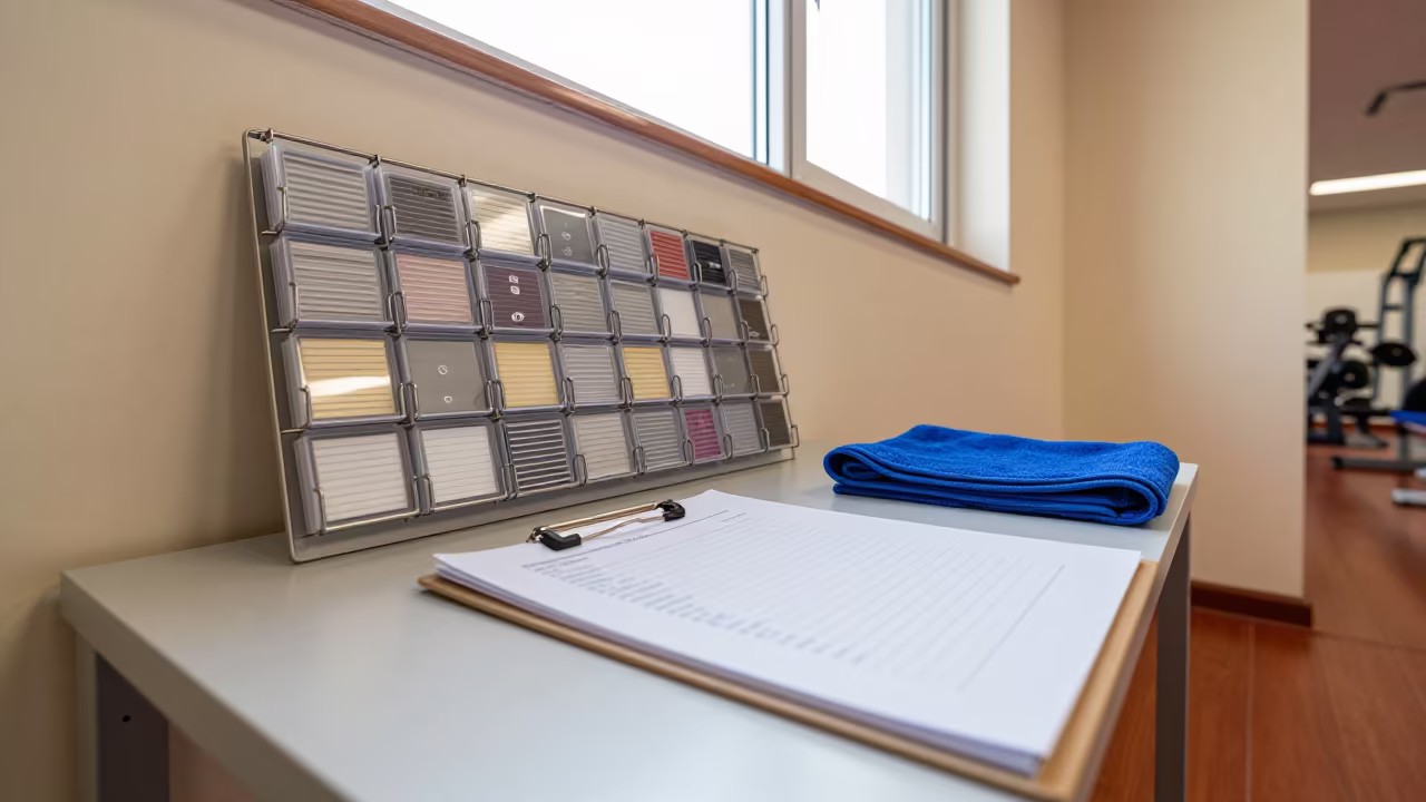 Fitness Placard Rack in Qingdao Gym in at a gym check-in desk in Qingdao