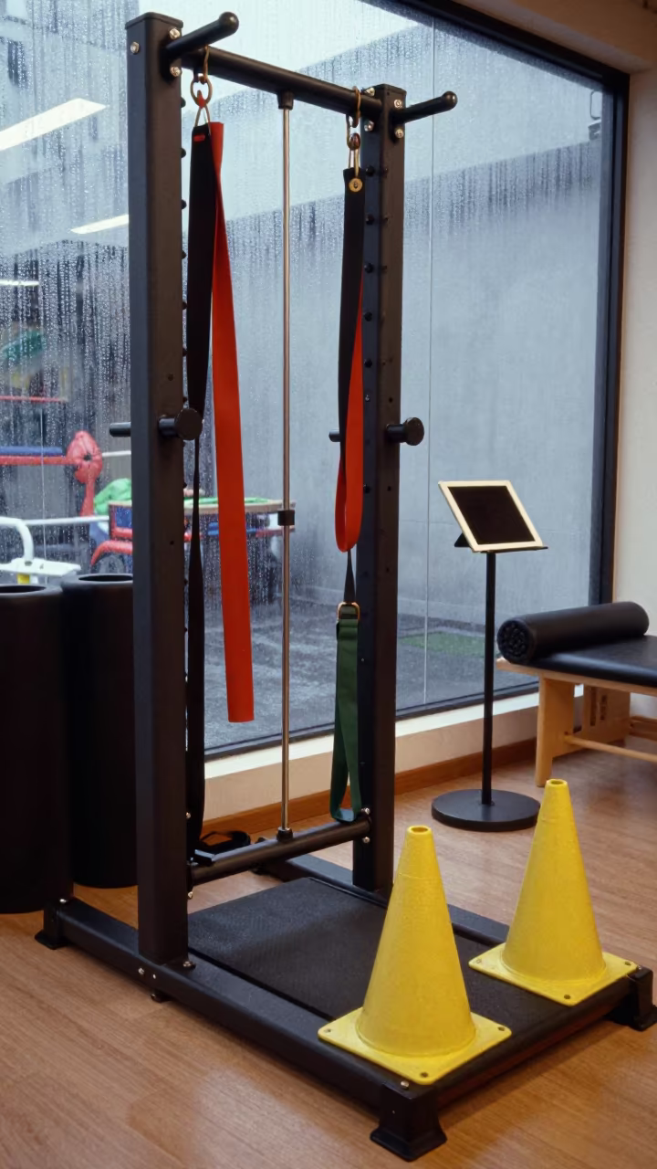 Fitness Rack with Bands and Tablet in Ho Chi Minh Lounge in inside a recovery lounge beside foam rollers in District 1, Ho Chi Minh City