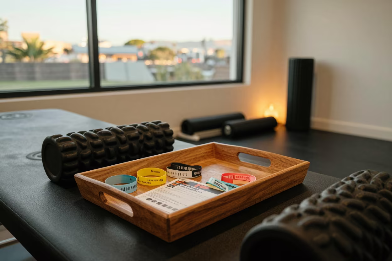 Fitness Reservation Wristband Tray in Cape Town Lounge in inside a recovery lounge beside foam rollers in Cape Town