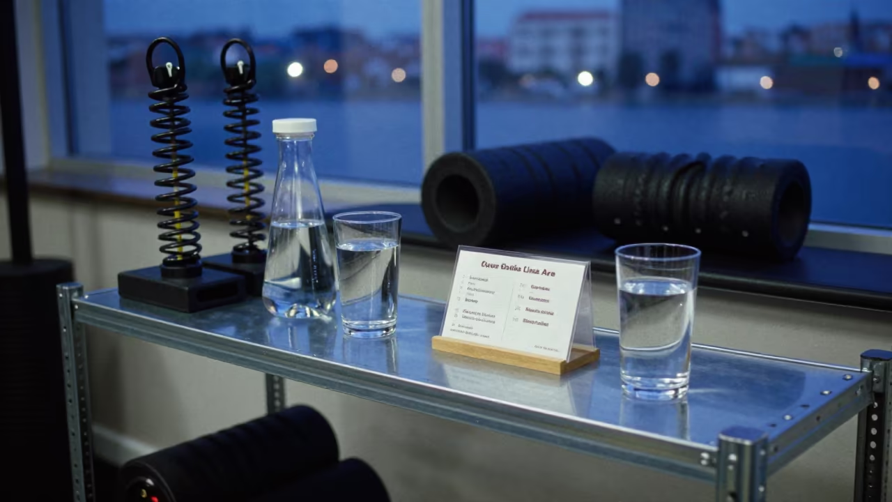 Fitness Shelf With Springs And Water In Odessa Lounge in inside a recovery lounge beside foam rollers in Odessa