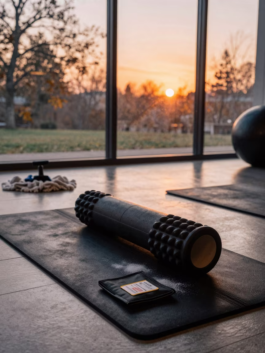 Fitness Tag Wallet Near Foam Rollers in Dawn Firelight in inside a recovery lounge beside foam rollers near Zoetermeer