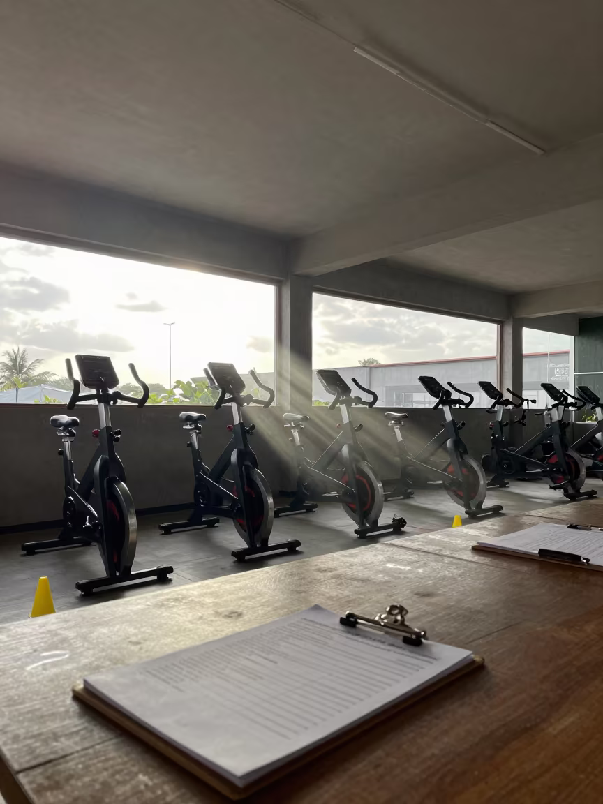 Fitness Testing Bay After Sunrise in Recife Studio in inside a spin studio under class lights in Recife