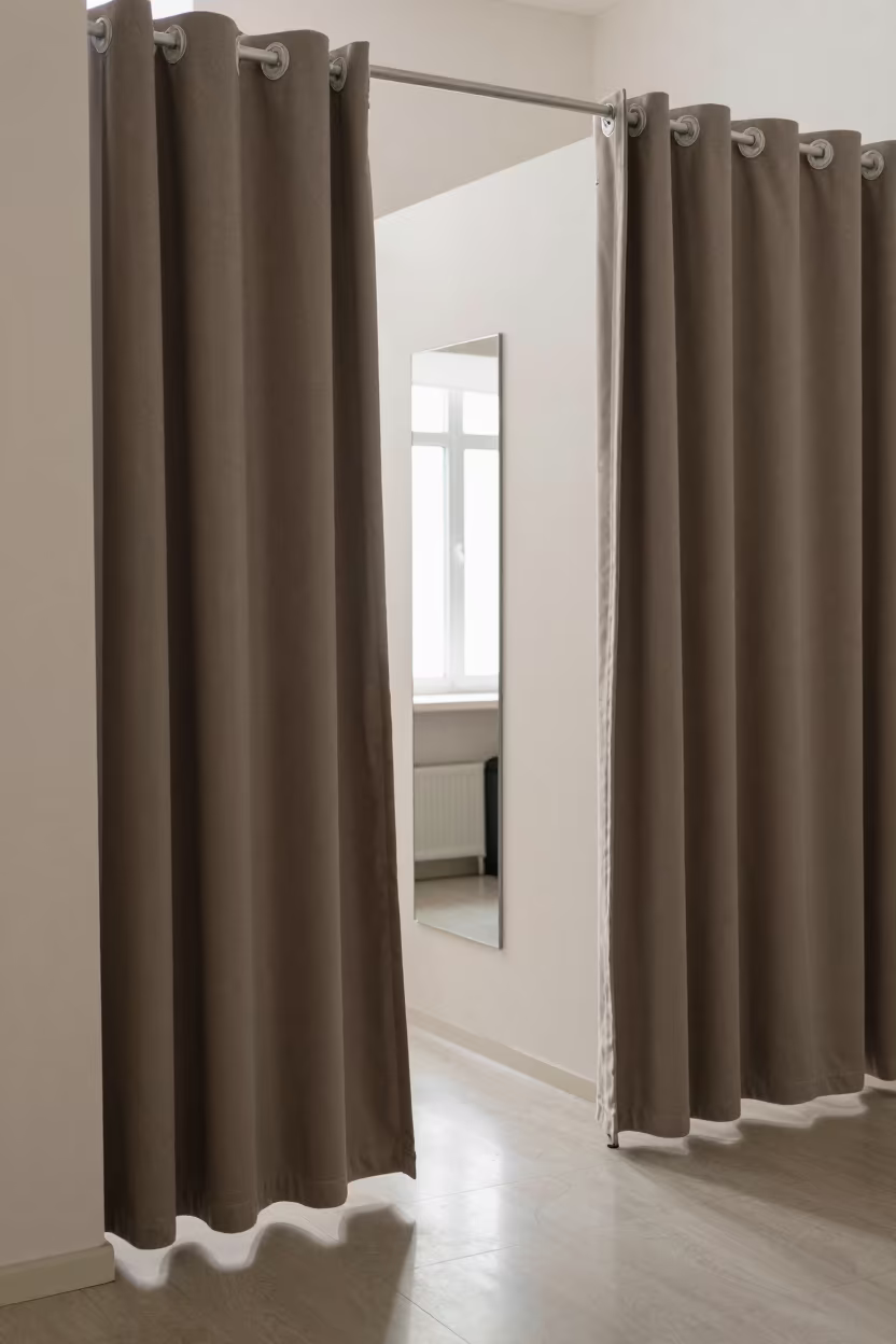 Fitting Room Curtain Half Open in under runway rehearsal lights in Namangan