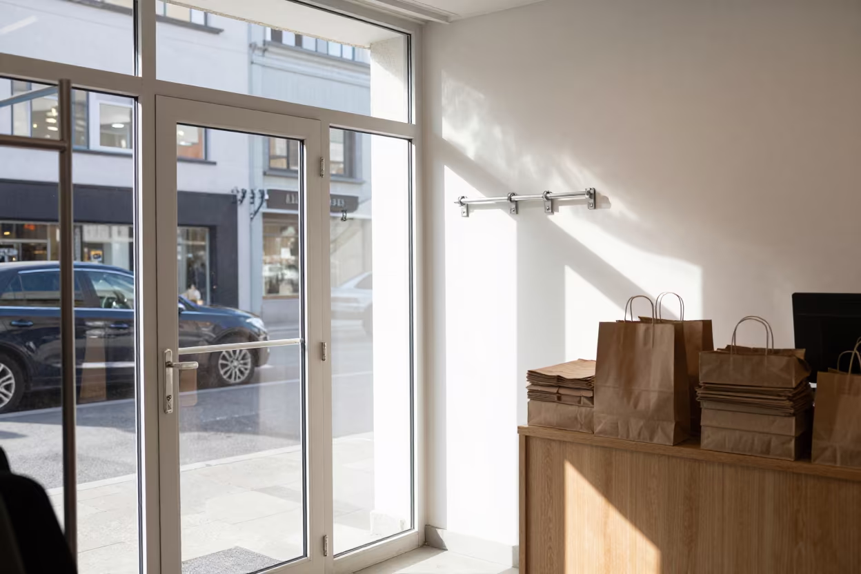 Fitting Room Rail at Algiers Cash Wrap Counter in at a cash wrap counter with bags stacked nearby in Algiers