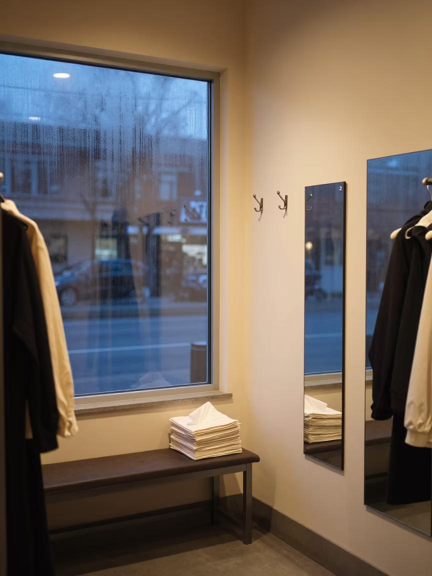 Fitting Room Reset with Shop Glow and Condensation in inside a fitting room corridor in Godoy Cruz