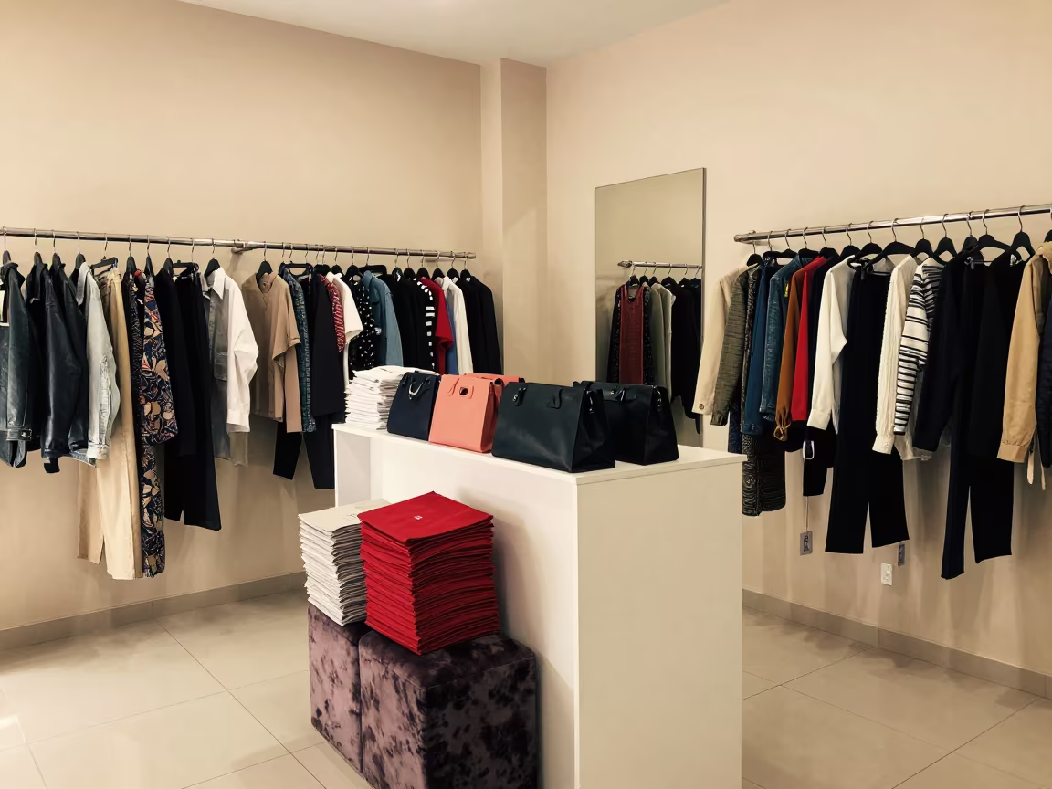 Fitting Room Stool and Hems in Bissau Retail in at a cash wrap counter with bags stacked nearby near Bissau