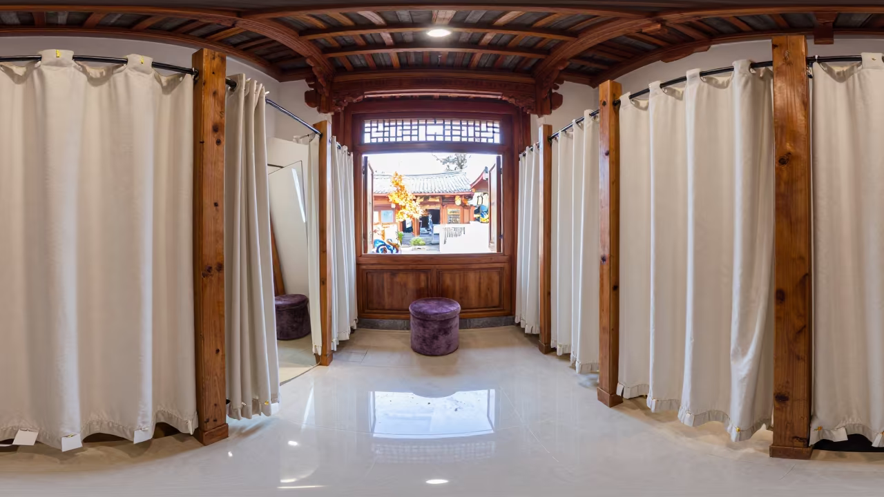 Fitting Room with Velvet Stool in Lijiang in inside a bright retail aisle in Lijiang