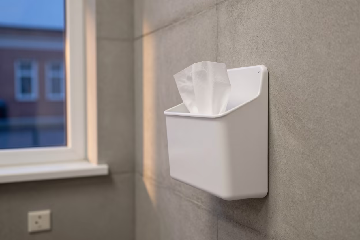 Fitting Room Wipe Caddy in Twilight Retail in inside a fitting room corridor near Irkutsk